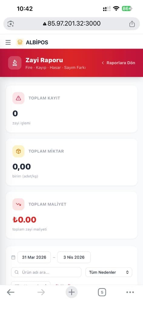 AlbiPos zayi (fire) raporu telefon tarayıcısında